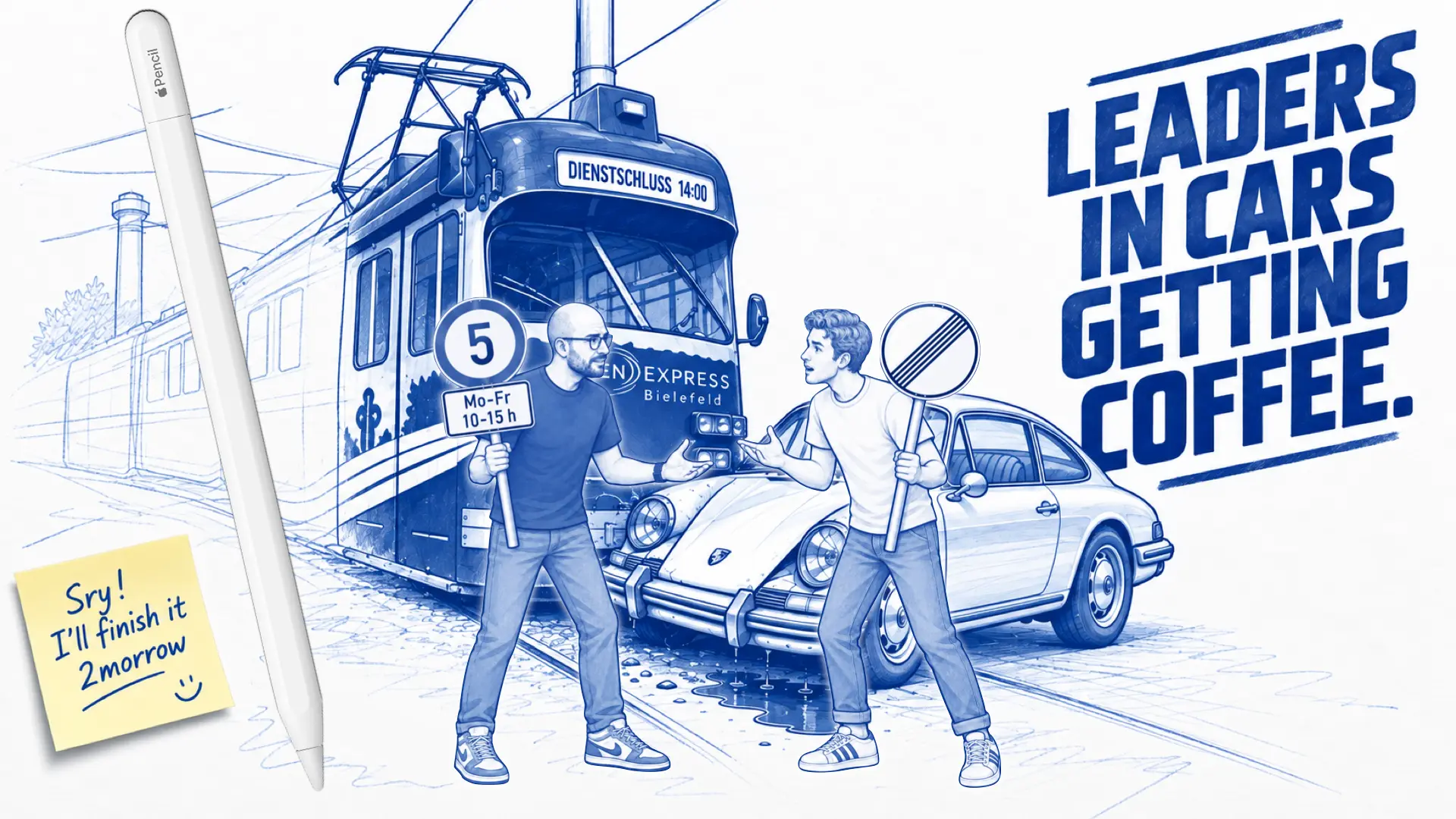 Lasse Rheingans and the host holding traffic signs between a Bielefeld tram and a white Porsche 911, a sticky note reading 'Sry! I'll finish it 2morrow'.